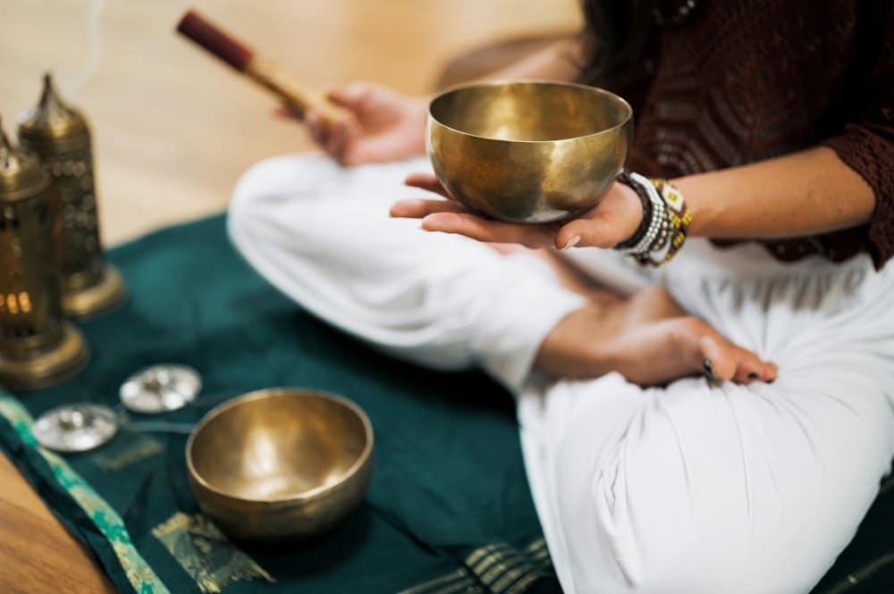Illustrative sound meditation space with singing bowls