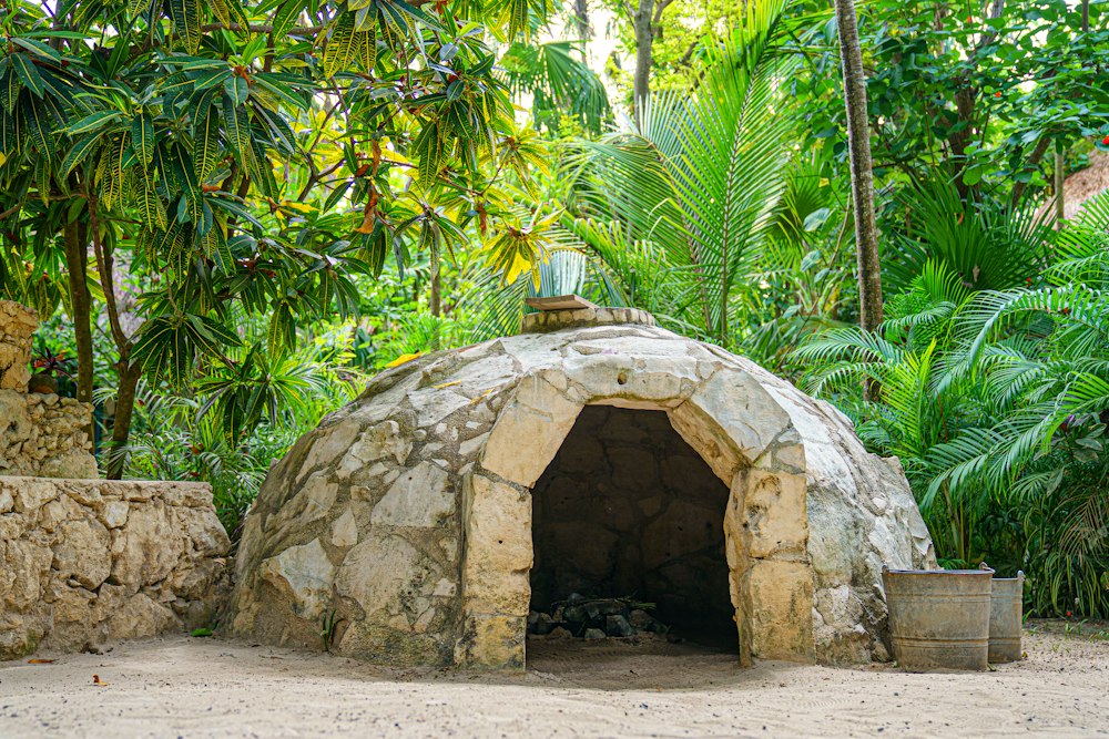 Illustrative stone ceremonial structure in woodland; not the Melissa Wasi Temazcal