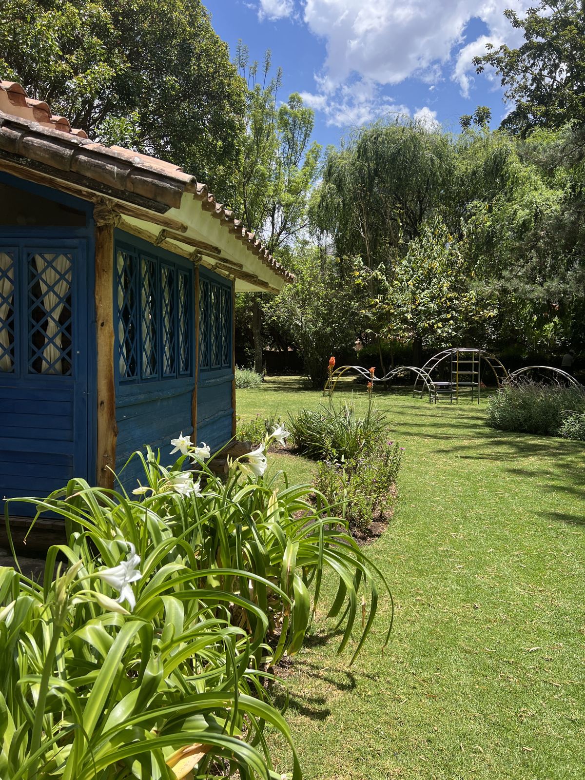 Blue garden cottage among flowers and willow trees