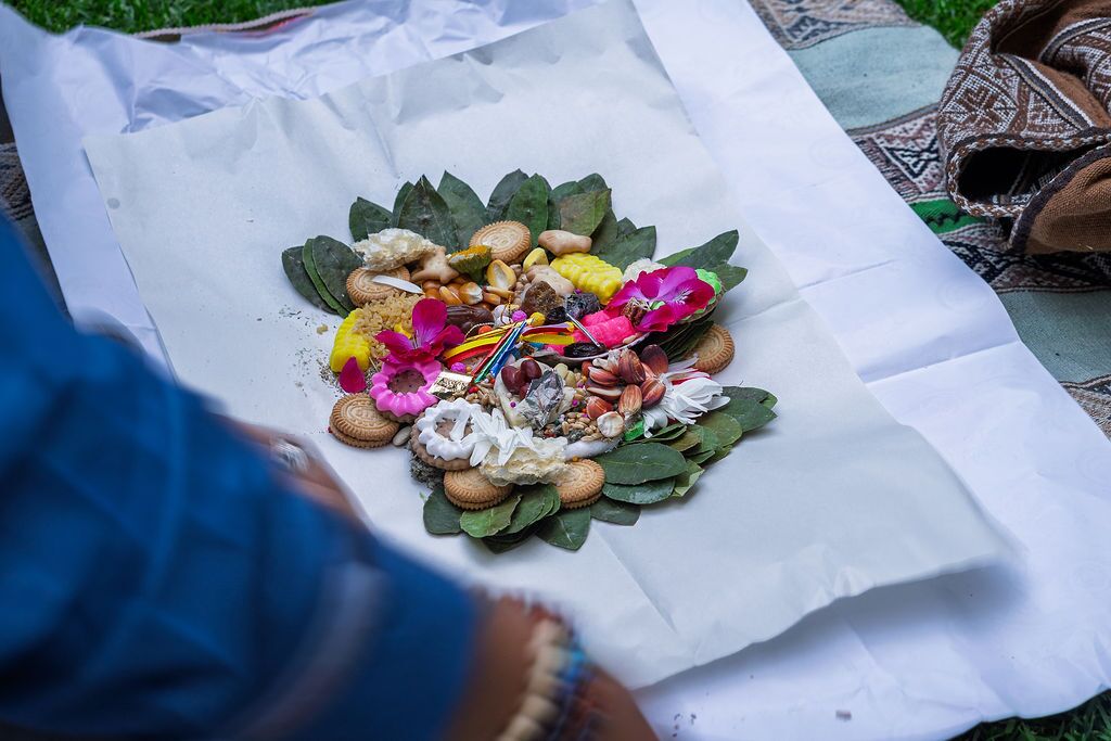 A despacho offering of coca leaves, flowers and seeds