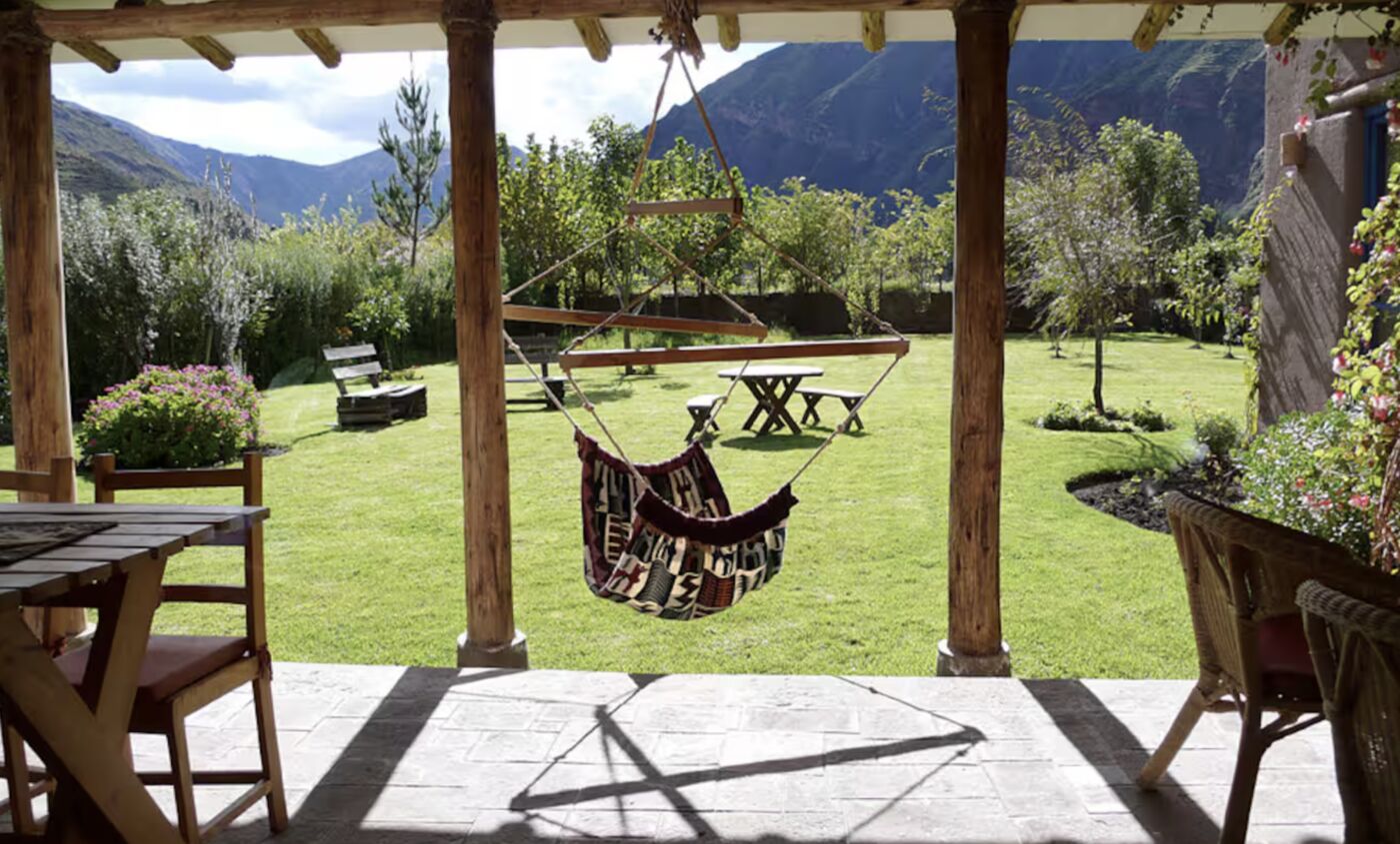 A hammock on the garden terrace facing the mountains