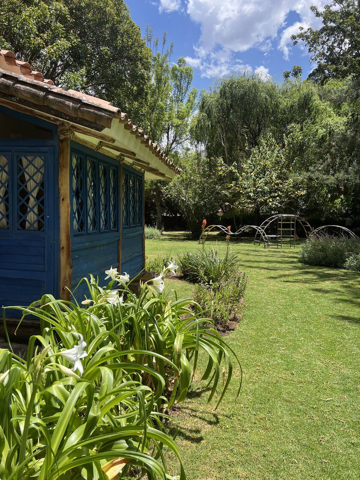 A blue garden house among lilies and green lawn
